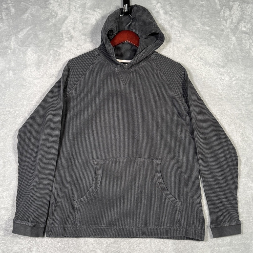 Wellen Hoodie Mens Medium Charcoal Thermal Waffle Knit Pullover Organic‎ Cotton